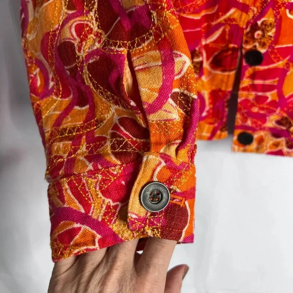 Coldwater Creek Linen‎ Blend Orange Abstract Embroidered Blazer Jacket Size XL - Picture 4 of 10